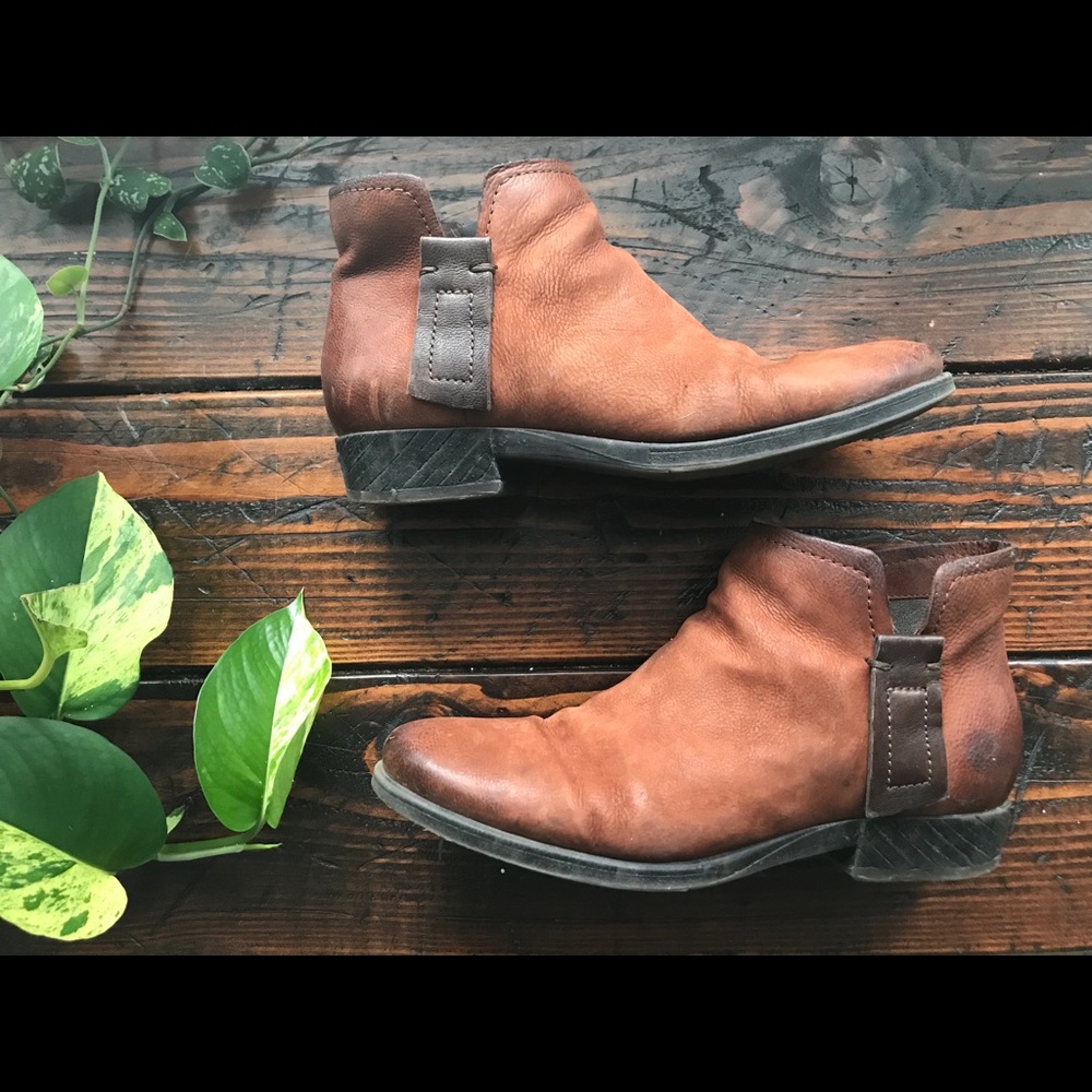 Cognac leather booties.